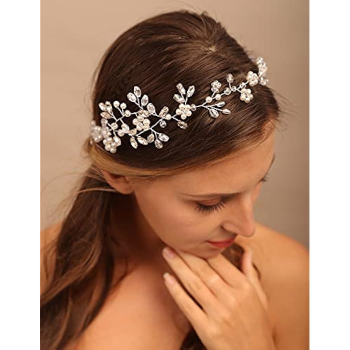 YERTTER Wedding Pearl Tiara Hair Vine Handmade Bride Hair Band Bridal Crystal Flower Headband Head Pieces for Wedding Prom Brithday Party (Silver) - Image 2